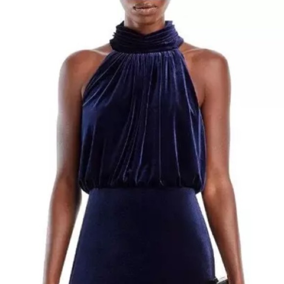 NWT ELIZA J Velvet Mock Neck keyhole back Maxi Gown Evening Dress Ruched Navy - Picture 3 of 16